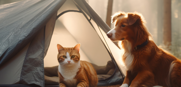 Hond en kat in een tent